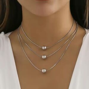 18K White Gold Plated Multiple Layered Chain With Beads Necklaces (2 Pcs)